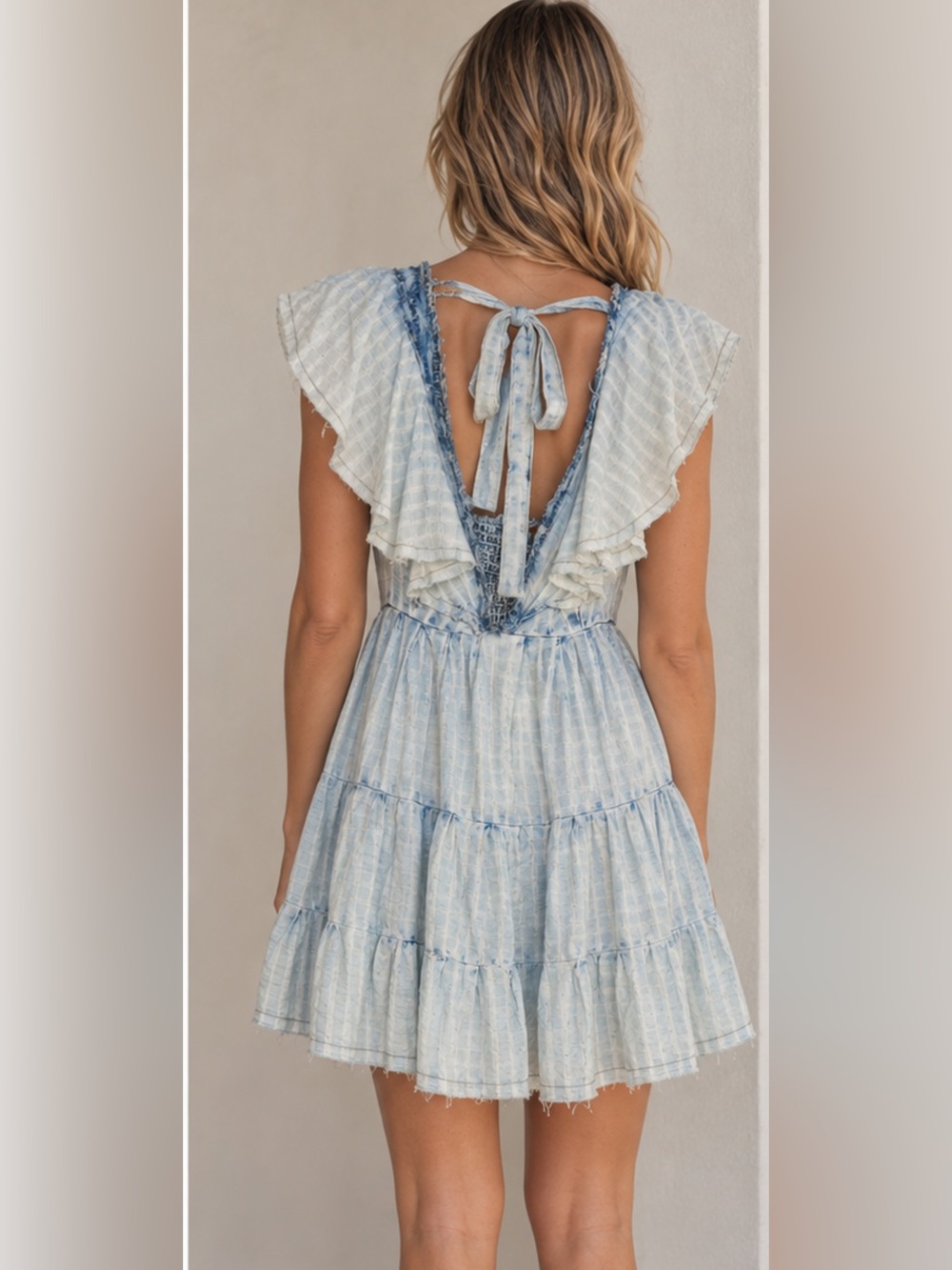Free People Pale Blue Ruffled V-Neck Tiered Dress
